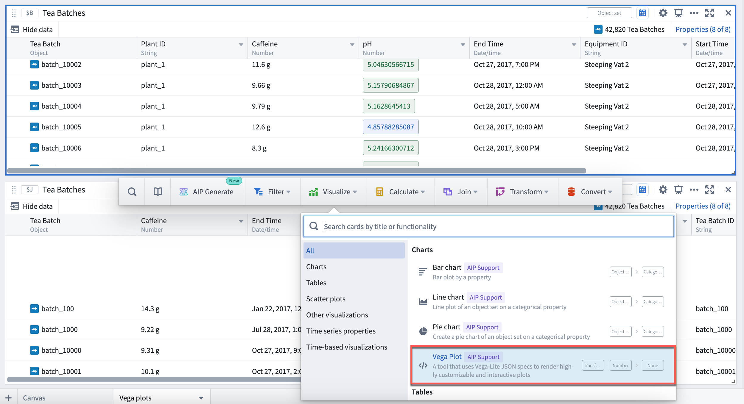 Select the visualize button to open the Vega plot editor.