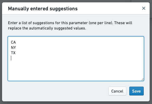 'Manually entered suggestions' dialog