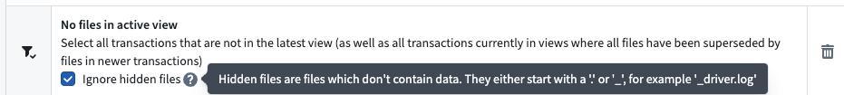 The transaction selector includes an option to ignore hidden files.