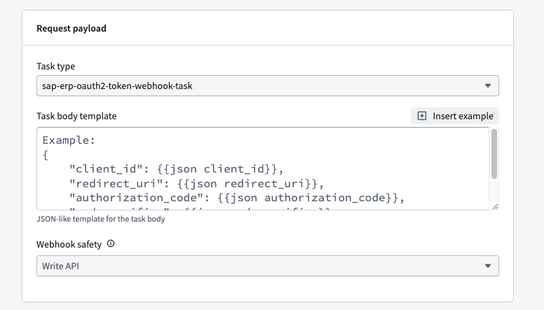 The Insert example button beside Task body template, with the SAP ERP get token webhook task type selected.