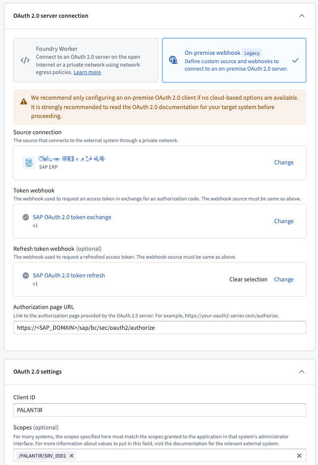 An outbound application using On-premise webhook (Legacy), with an SAP ERP source, get token and refresh token webhooks, the SAP authorization URL, an example client ID of PALANTIR, and the /PALANTIR/SRV_0001 scope.
