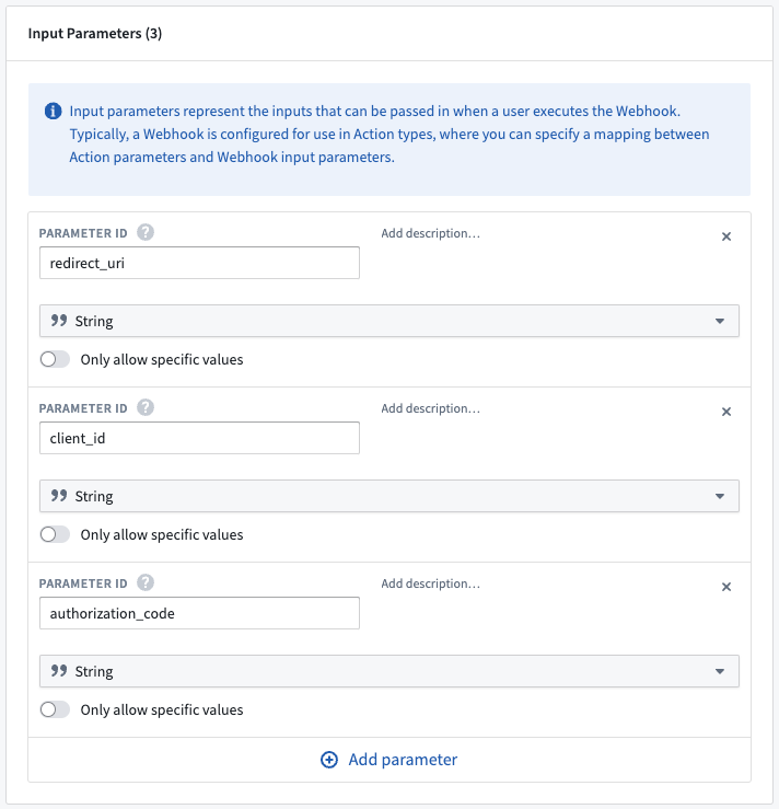 Webhook input parameters