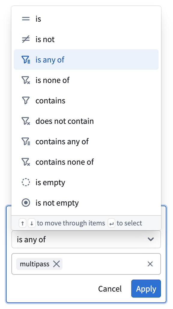 A filter card in edit mode shows the operator menu and the Cancel and Apply buttons.