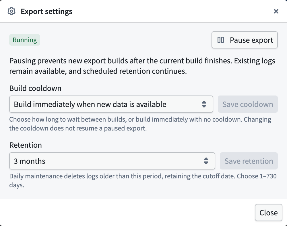 The Export settings dialog shows the export status, the build cooldown, and the retention period.