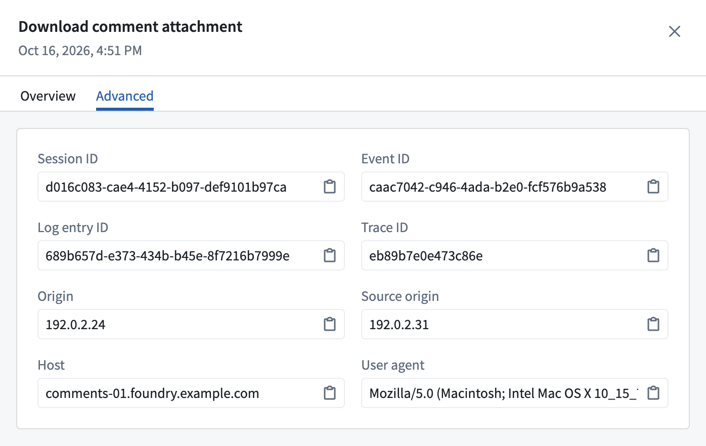 The Advanced tab of the log detail panel shows the session, event, log entry, and trace identifiers, with origin and host details.