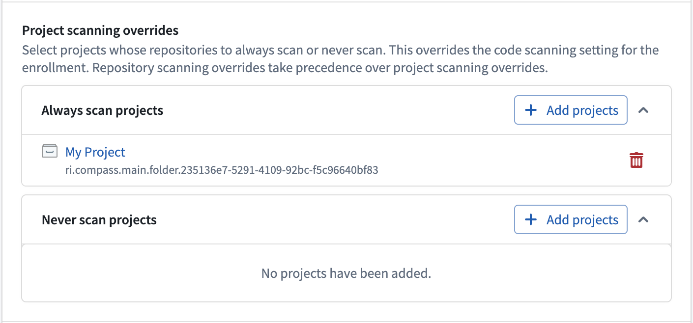 Project scanning overrides, with one project added to "Always scan projects".