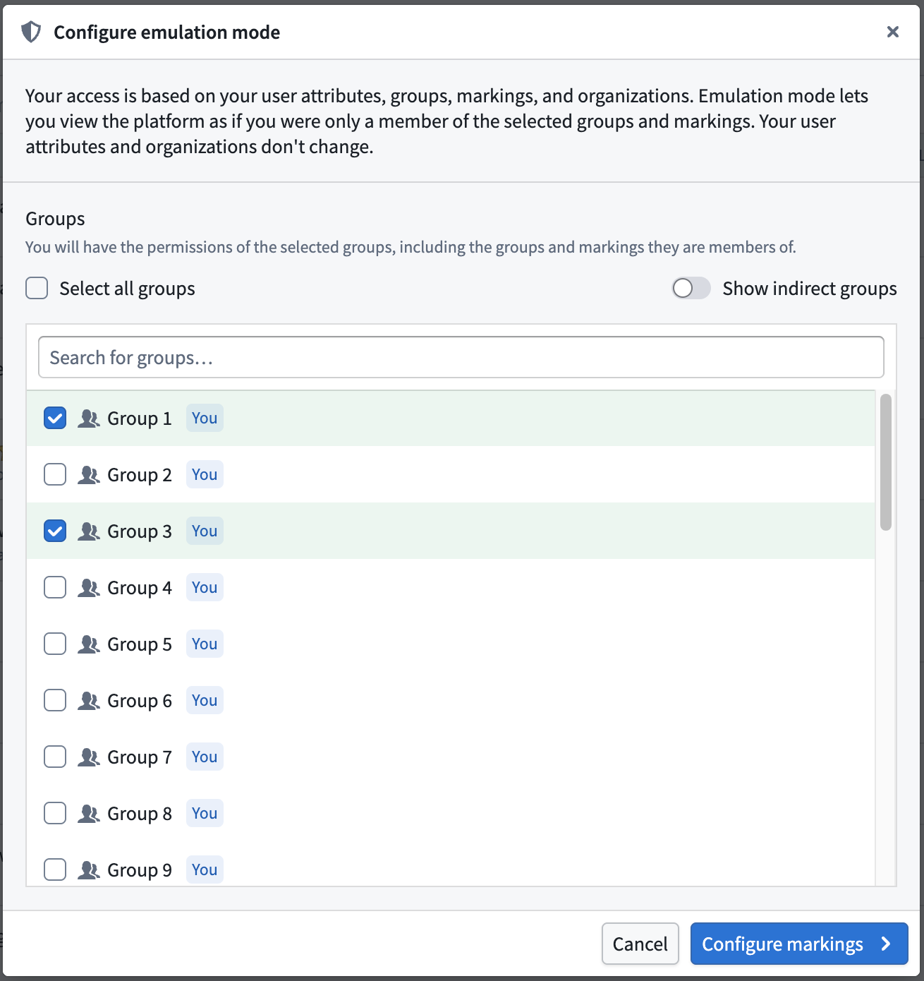 The Emulation mode dialog on the "Groups" step, with two groups selected.