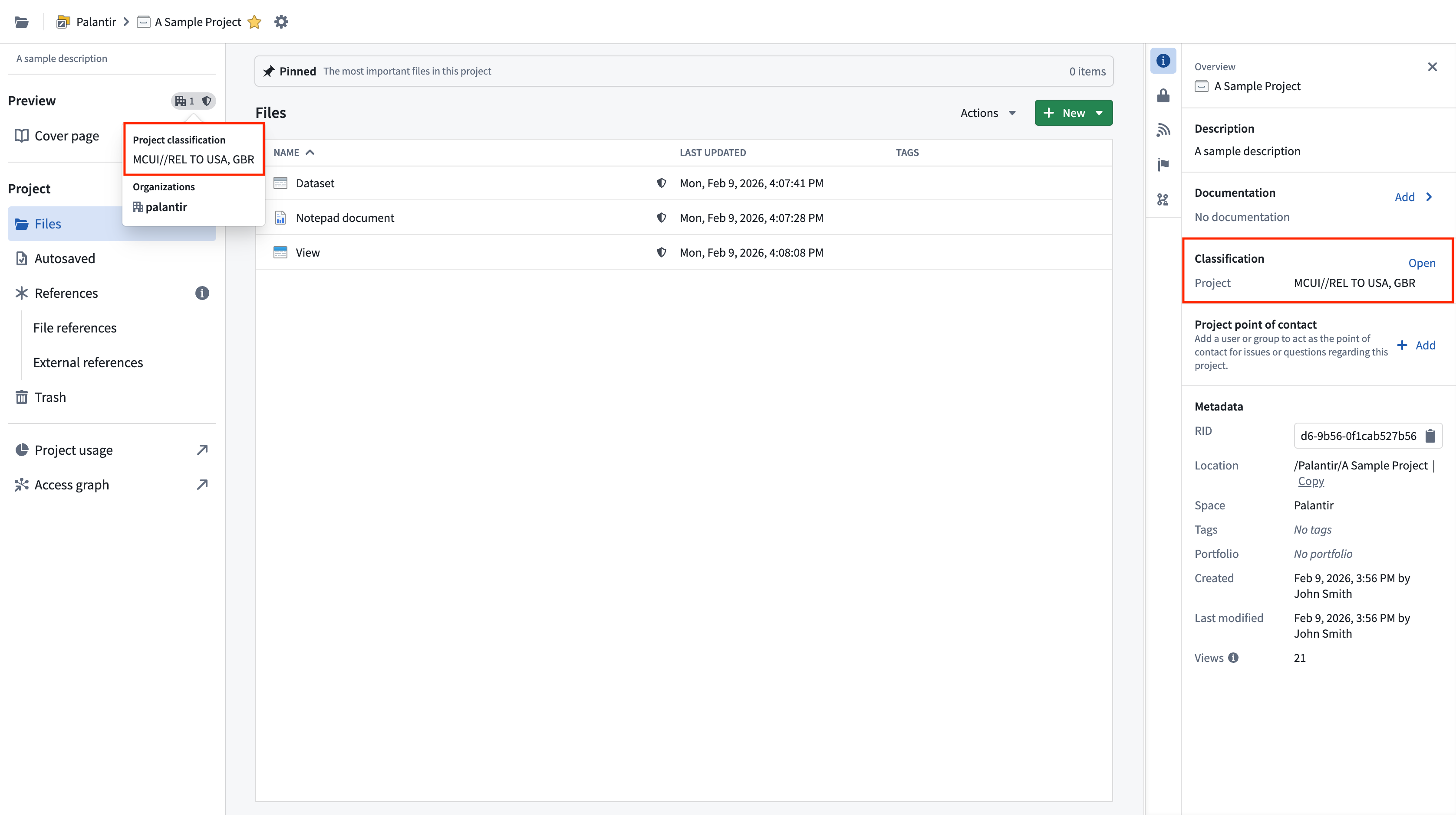 The project classification displayed in a project.