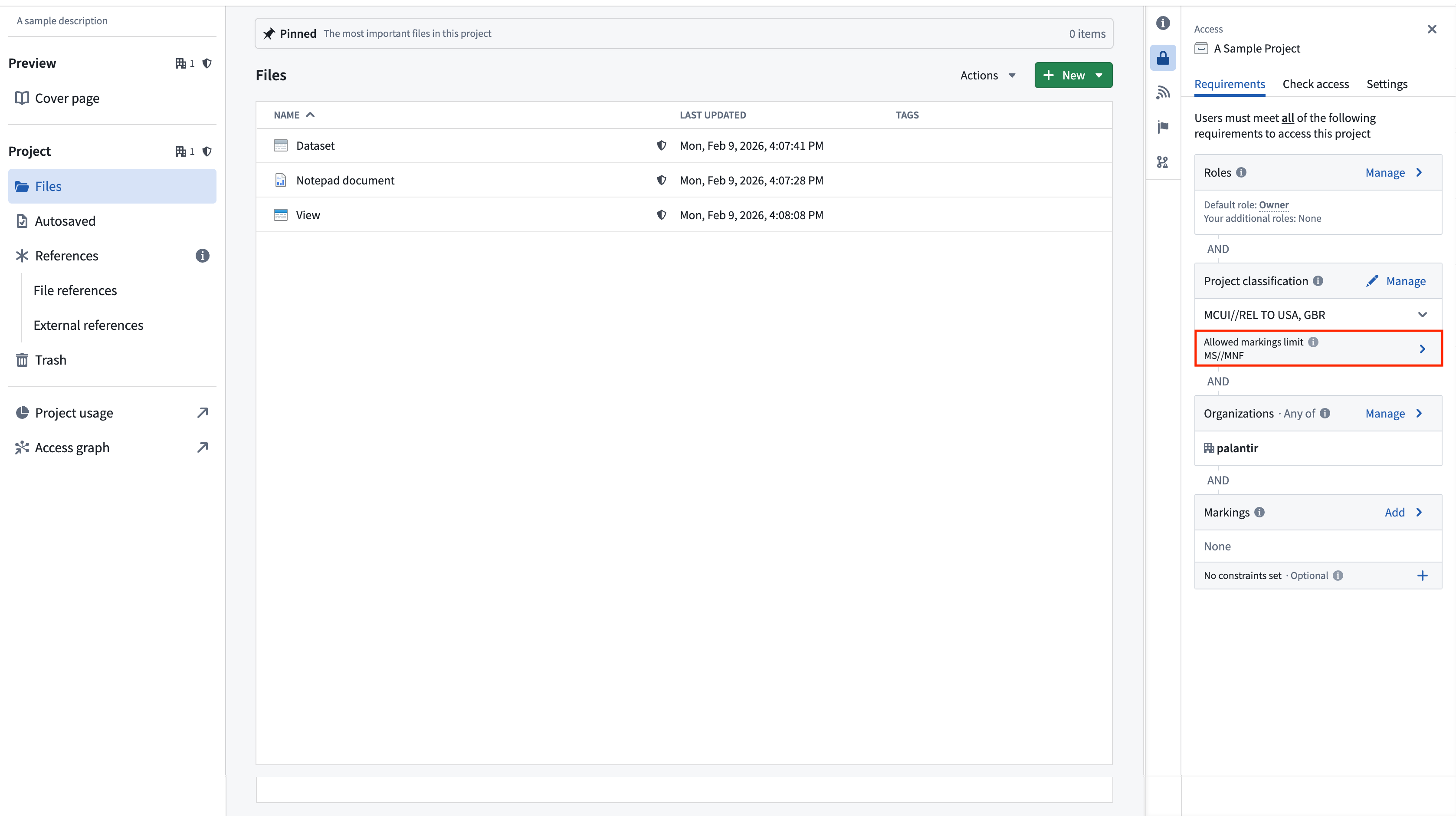 A project's maximum classification is displayed under the project classification as the allowed marking limit.