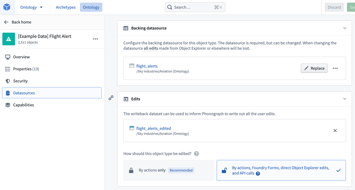 Flight alert object with writeback dataset