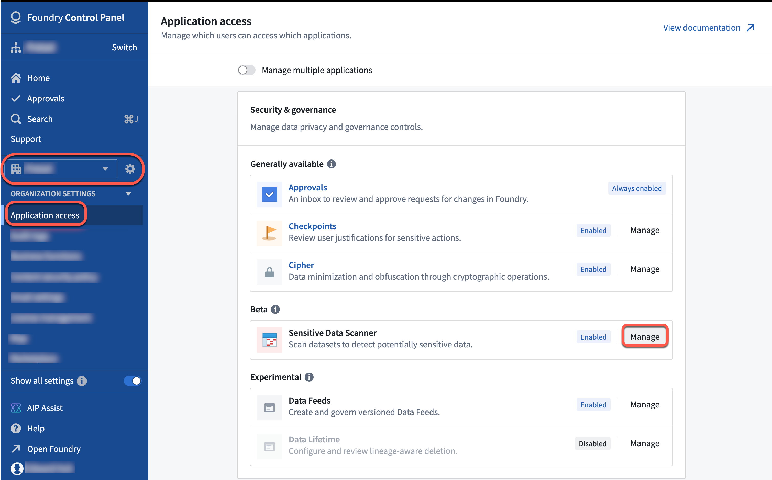 Sensitive Data Scanner feature under the Security and governance section of Control Panel.