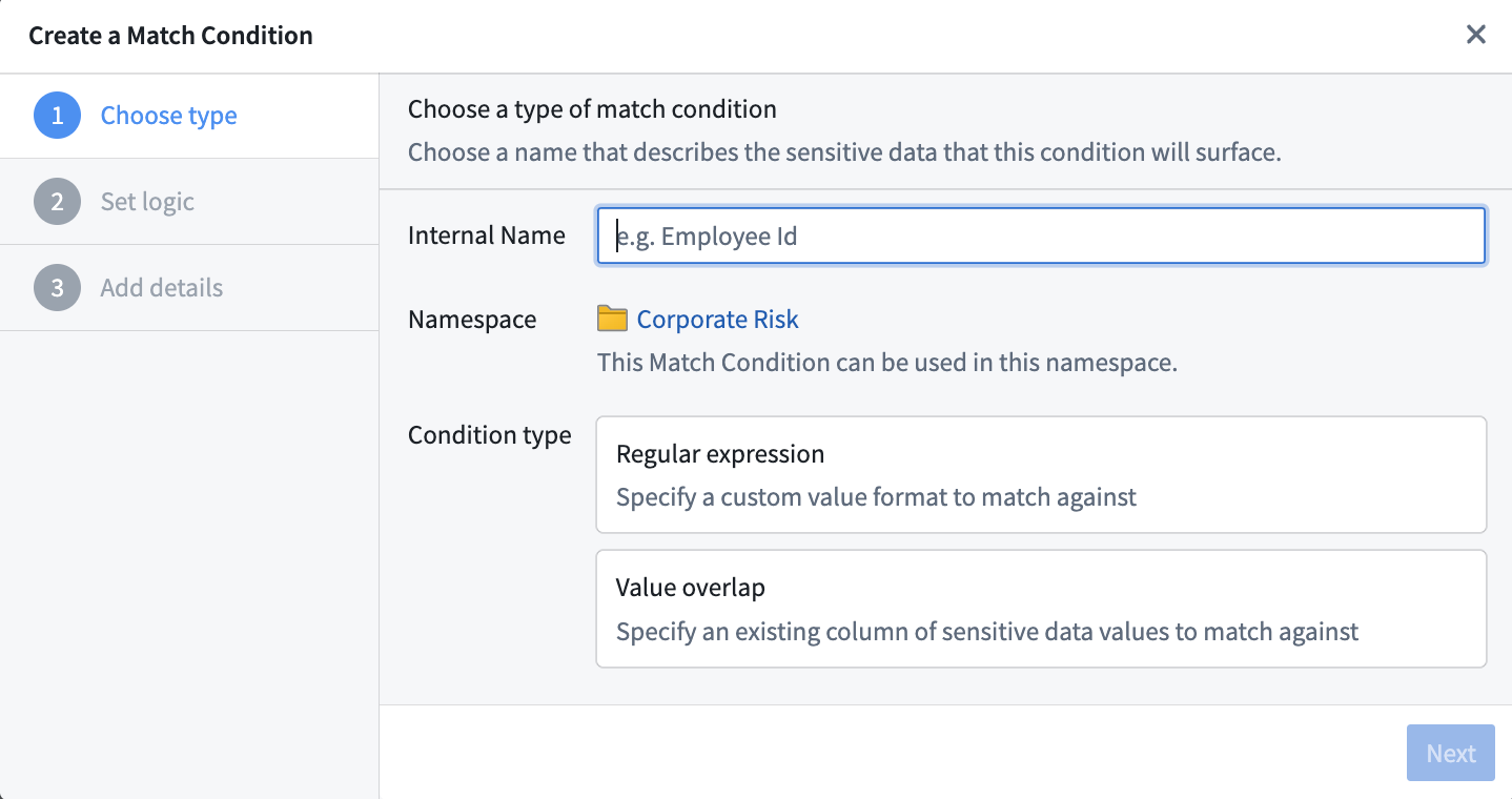 Screenshot of Create a match condition popover requesting the selection of a type of match condition