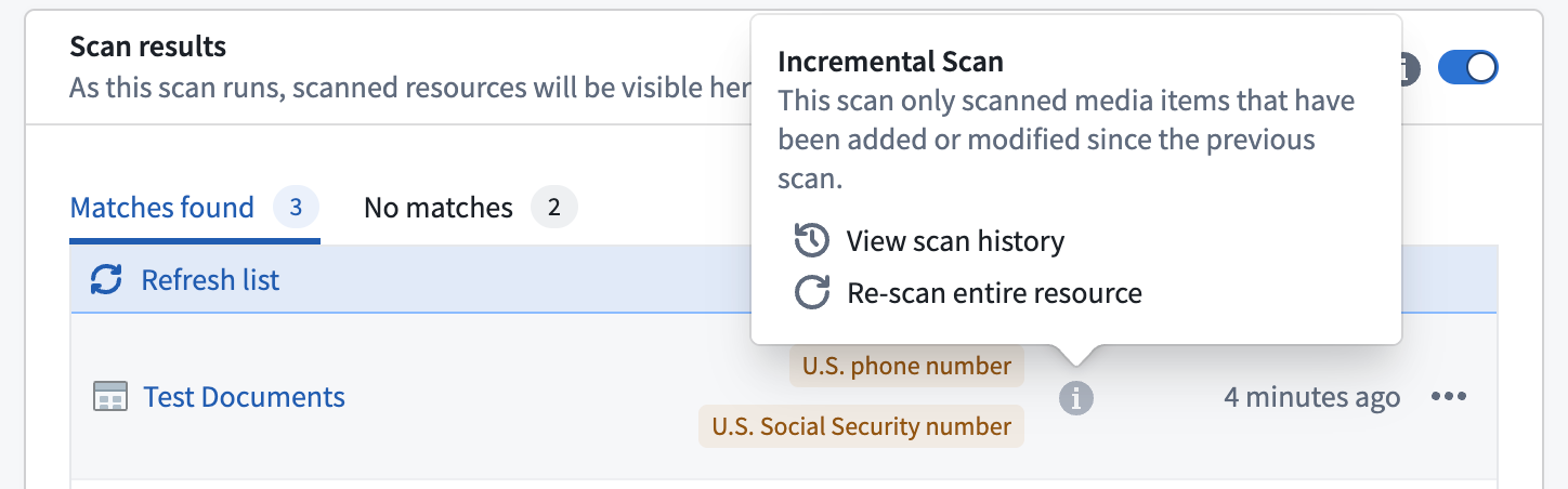 The incremental scan popover.