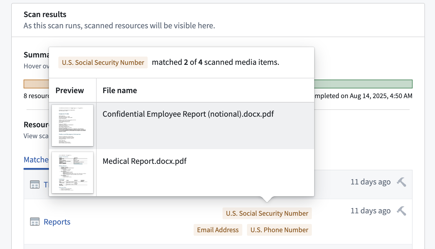 The media set scan result preview for a specific match condition.