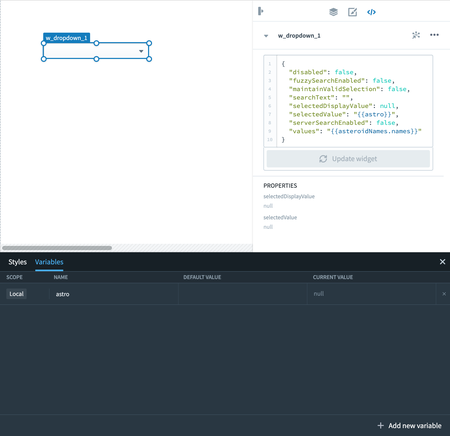 The raw tab of the dropdown widget editor showing the selectedValue set to a variable.
