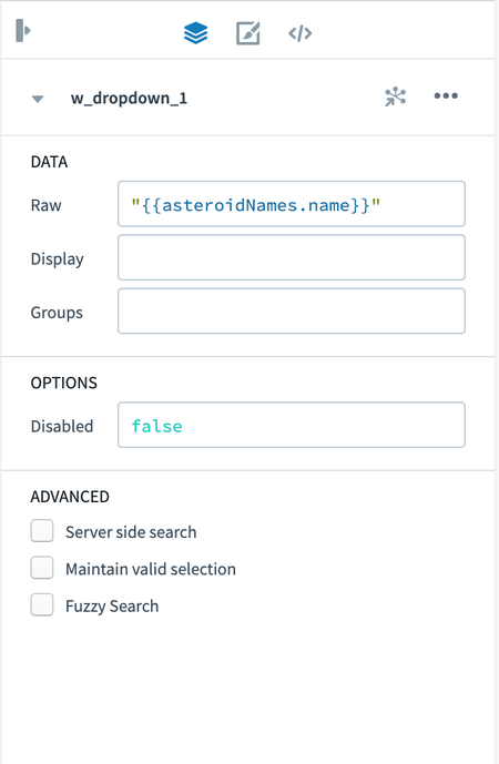 The property tab of the dropdown widget editor showing data populated from a query.