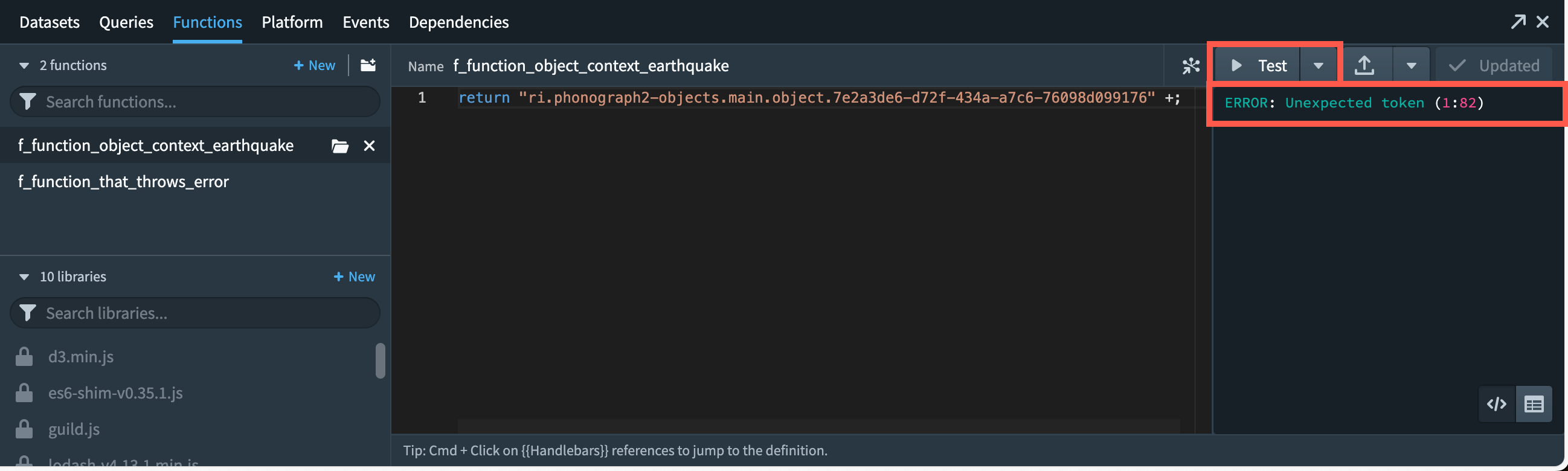 The functions panel highlighting an error in a function