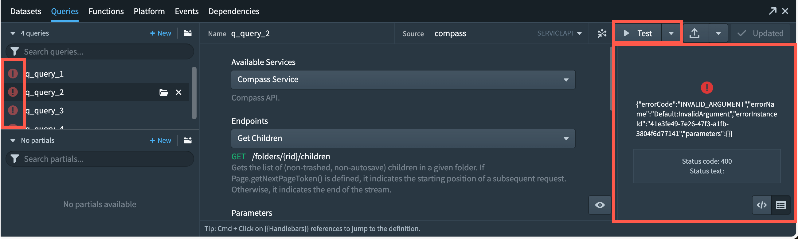 The queries panel highlighting errors in queries