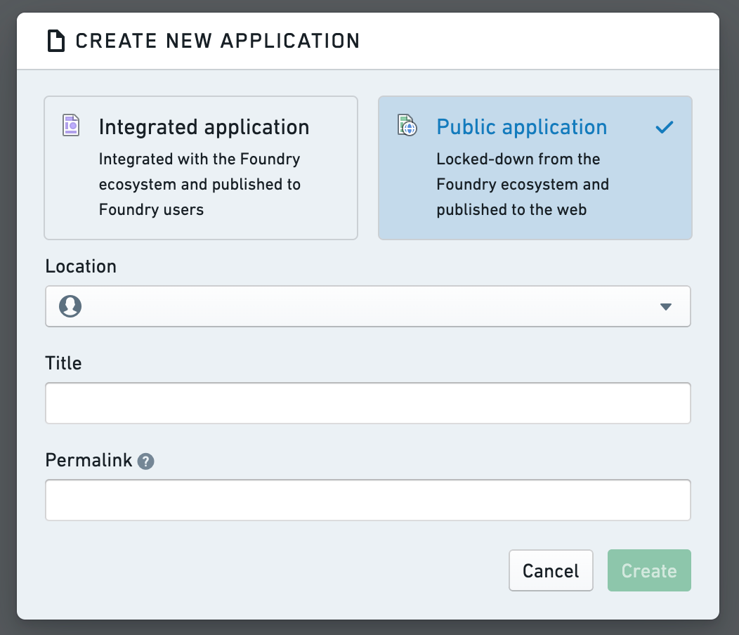 Public application creation dialog