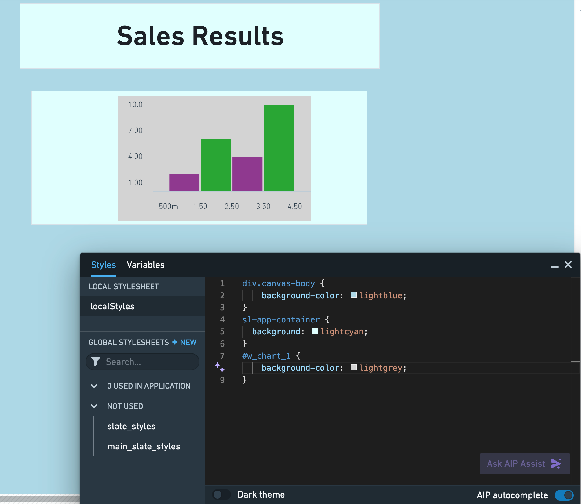 The Styles editor in Slate with customized color settings. The Slate canvas is light blue, the widget container is light cyan, and the bar chart is light gray. 