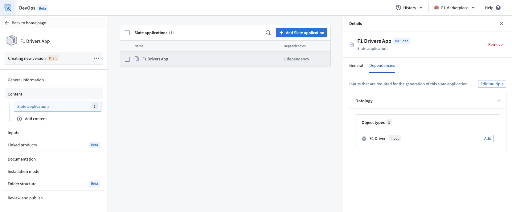 OSDK dependencies for a Slate application in DevOps.