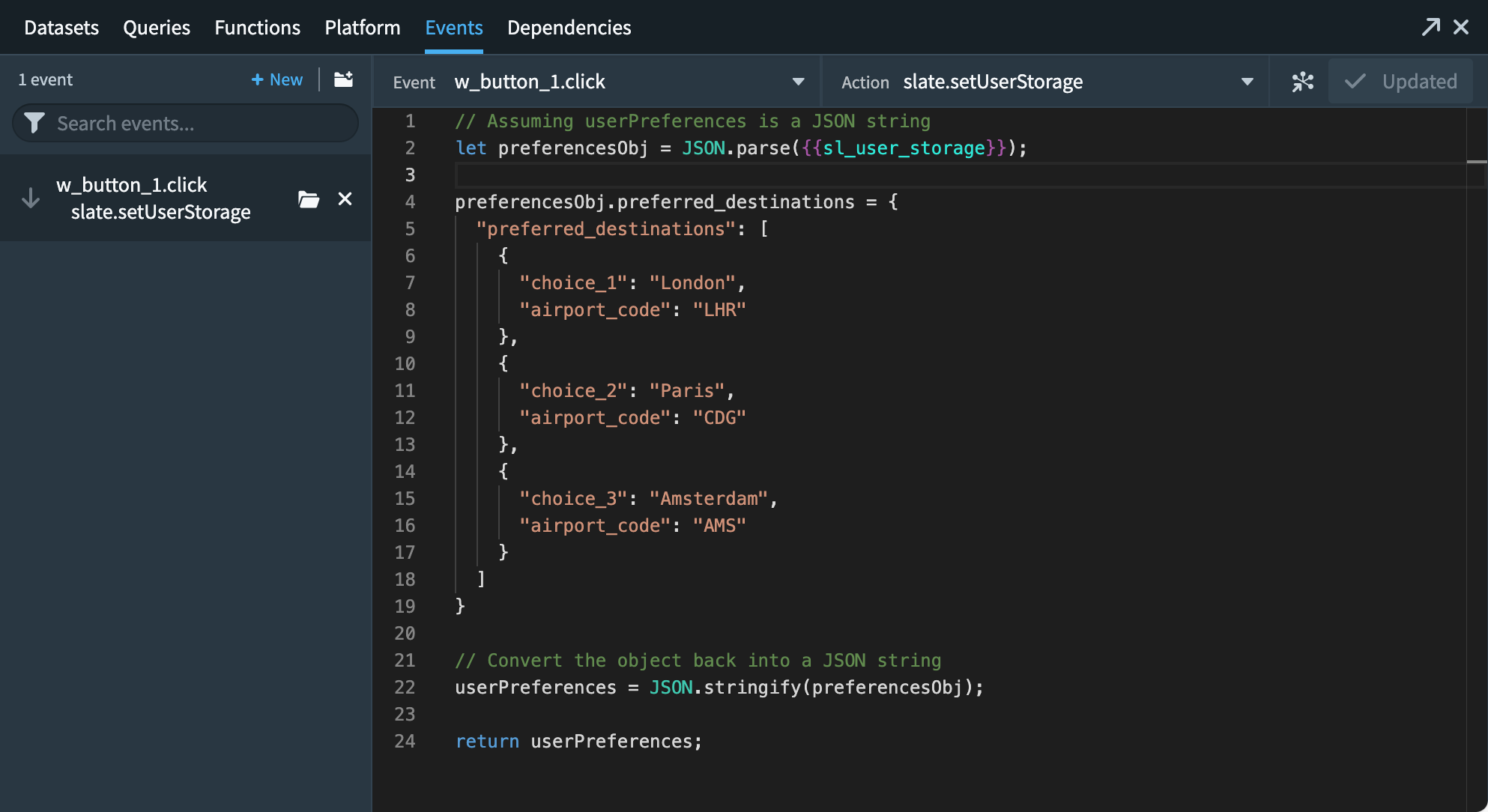 Example of an event that is used to set user preferences in the user storage variable.