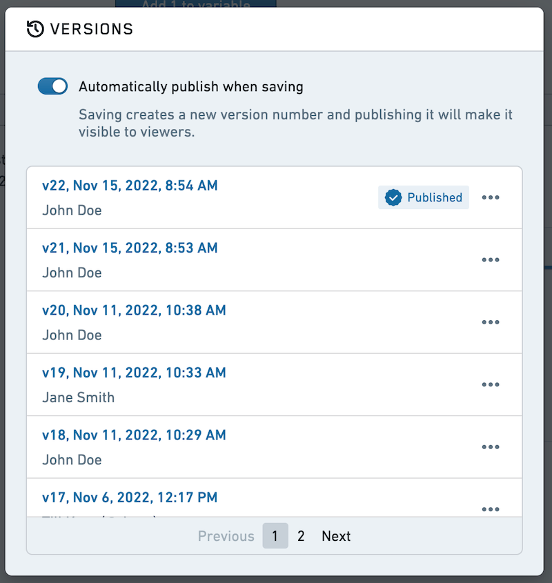 Version dialog publish latest