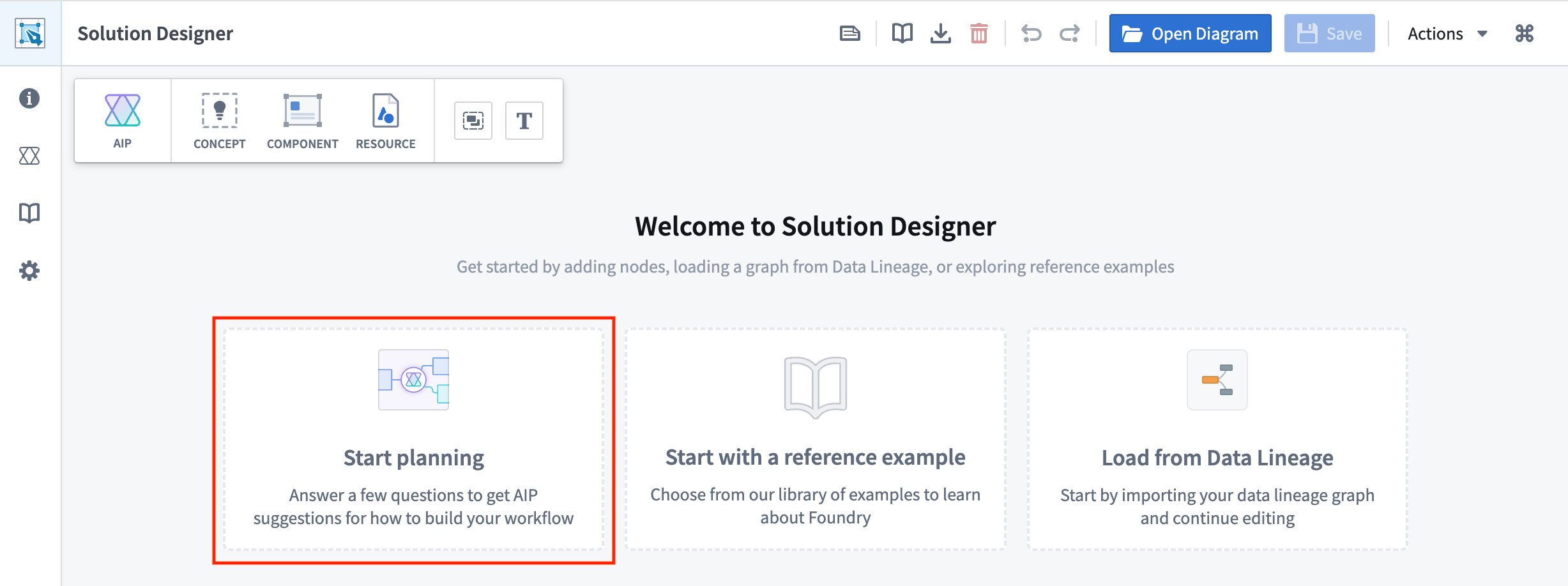 "Start planning" button accessible from empty new diagram of Solution Designer.