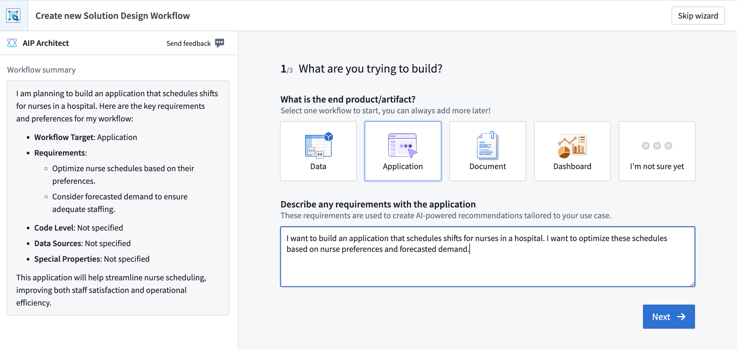 AIP Architect wizard after providing workflow requirements prompt