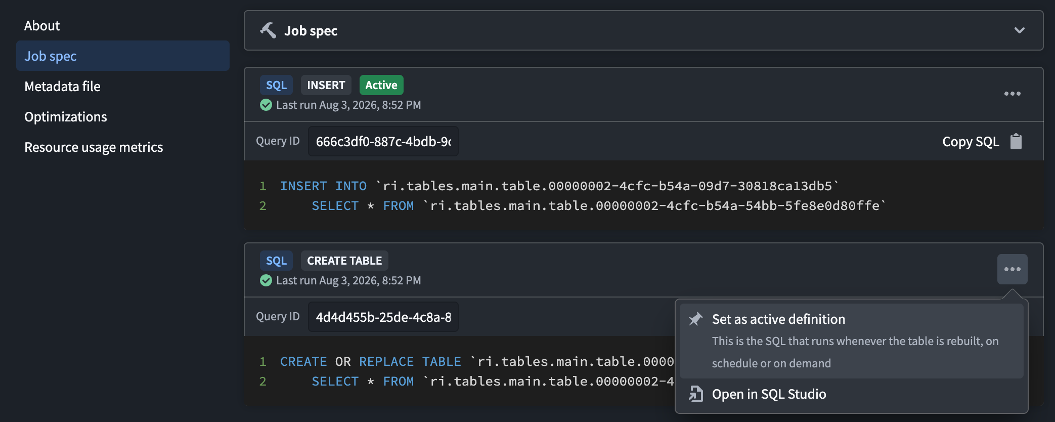 The definition options menu with actions to set the definition as active or open it in SQL Studio.