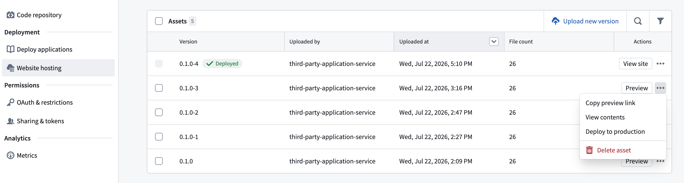 The Developer Console website hosting configuration used to deploy the application to production.