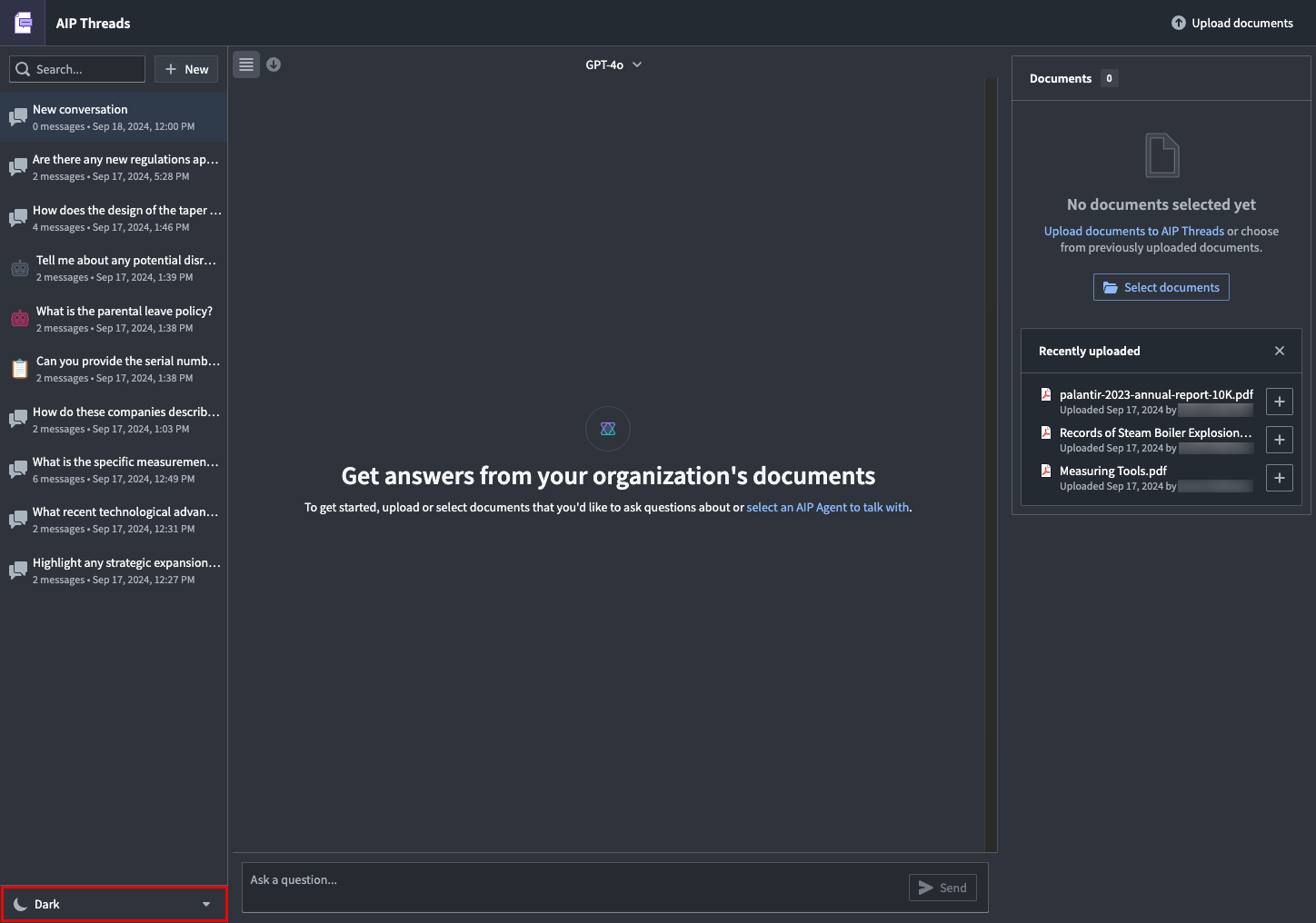 Screenshot of AIP Threads in dark mode.