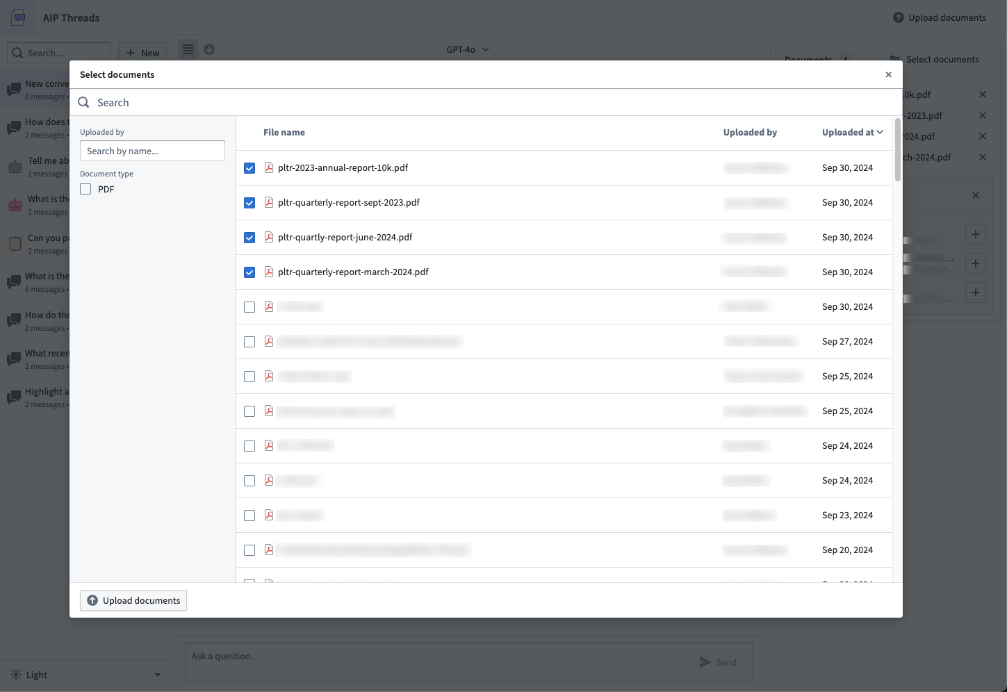 The document selection dialog showing multiple documents selected to be in context.