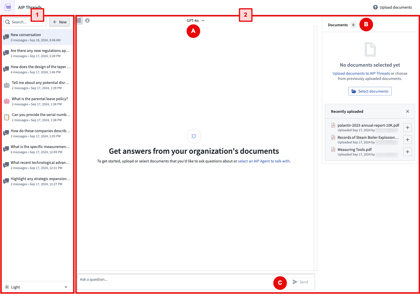 AIP Threads user interface, highlighting the thread navigation and the thread conversation elements.