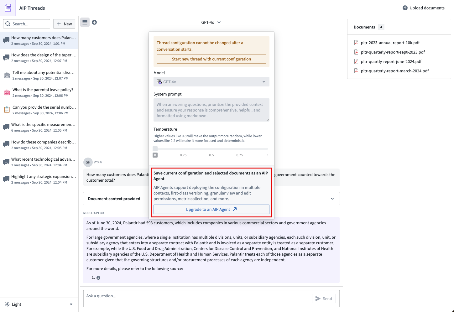 Upgrade thread configuration to an agent by selecting 'Upgrade to an AIP Agent.