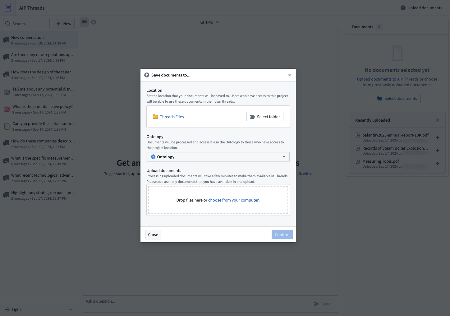 Showing upload document dialog with ability to select location, media set name, ontology, and PDFs.