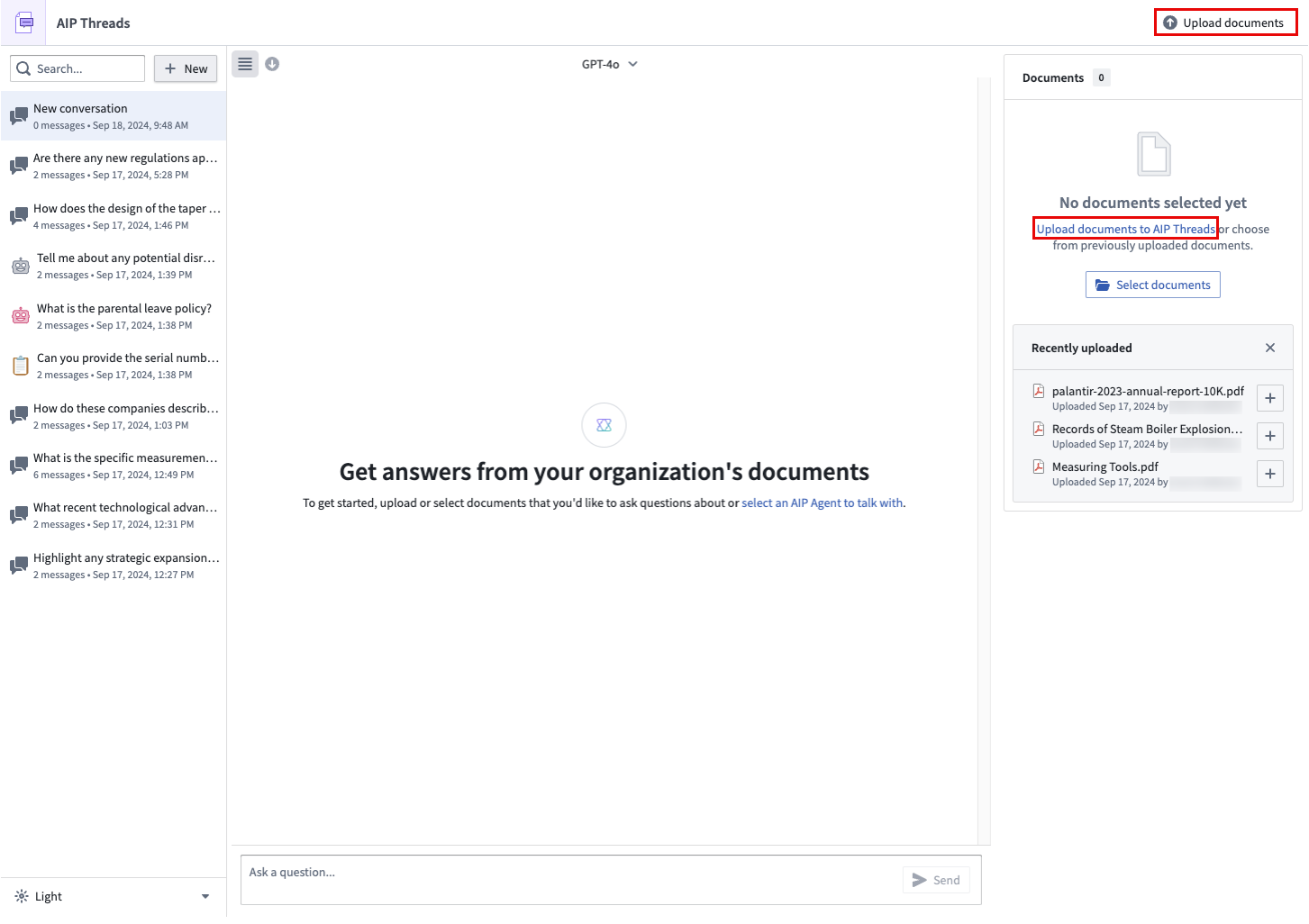 Screenshot of AIP Threads, highlighting the 'Upload documents' option in the top-right and the 'Upload documents to AIP Threads' option in the document card.