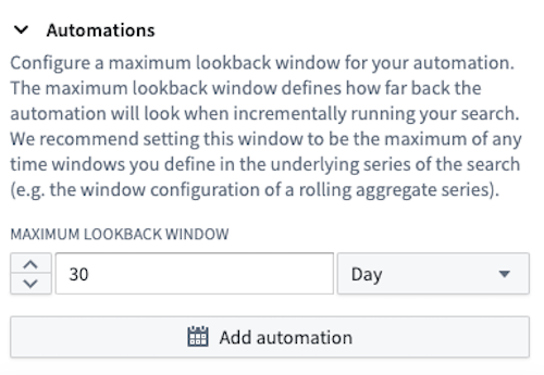 The automation configurations for the "Time series search" card.