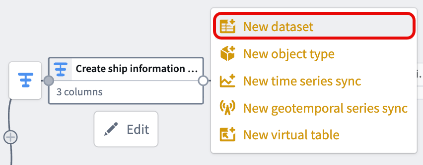 The Add output menu on a transform node in Pipeline Builder is displayed.