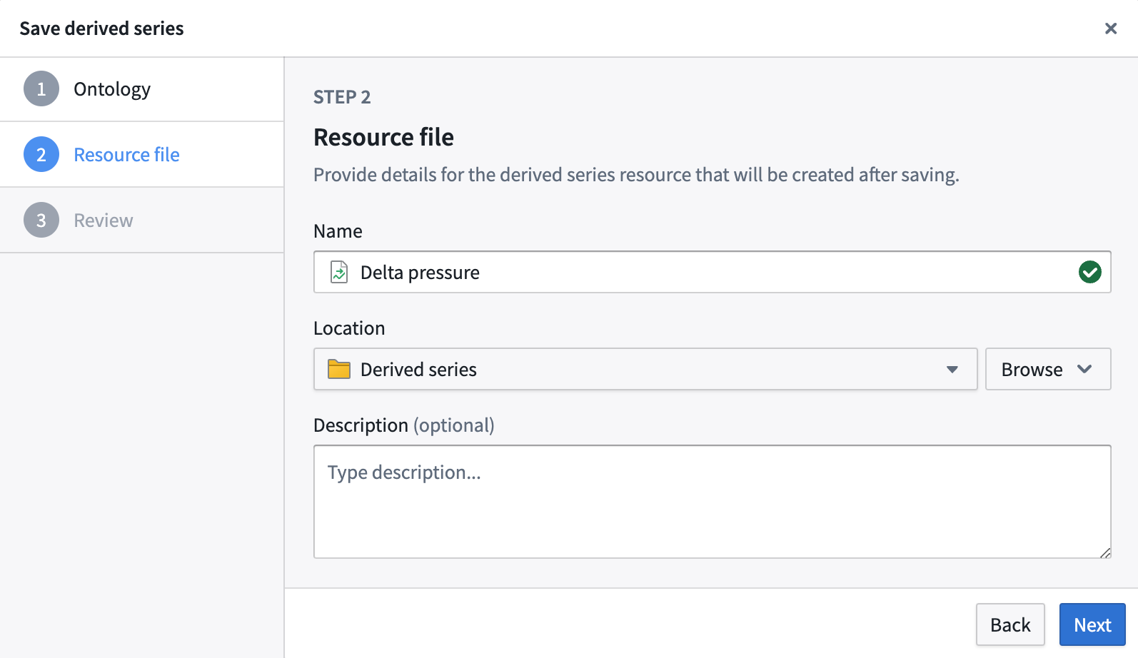 The "Resource file" tab of the "Save derived series" dialog.