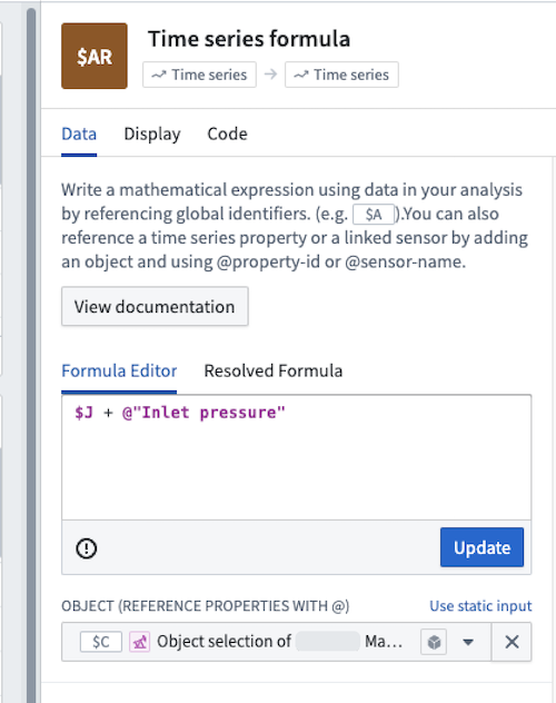 A direct property reference in a "Time series formula" card.