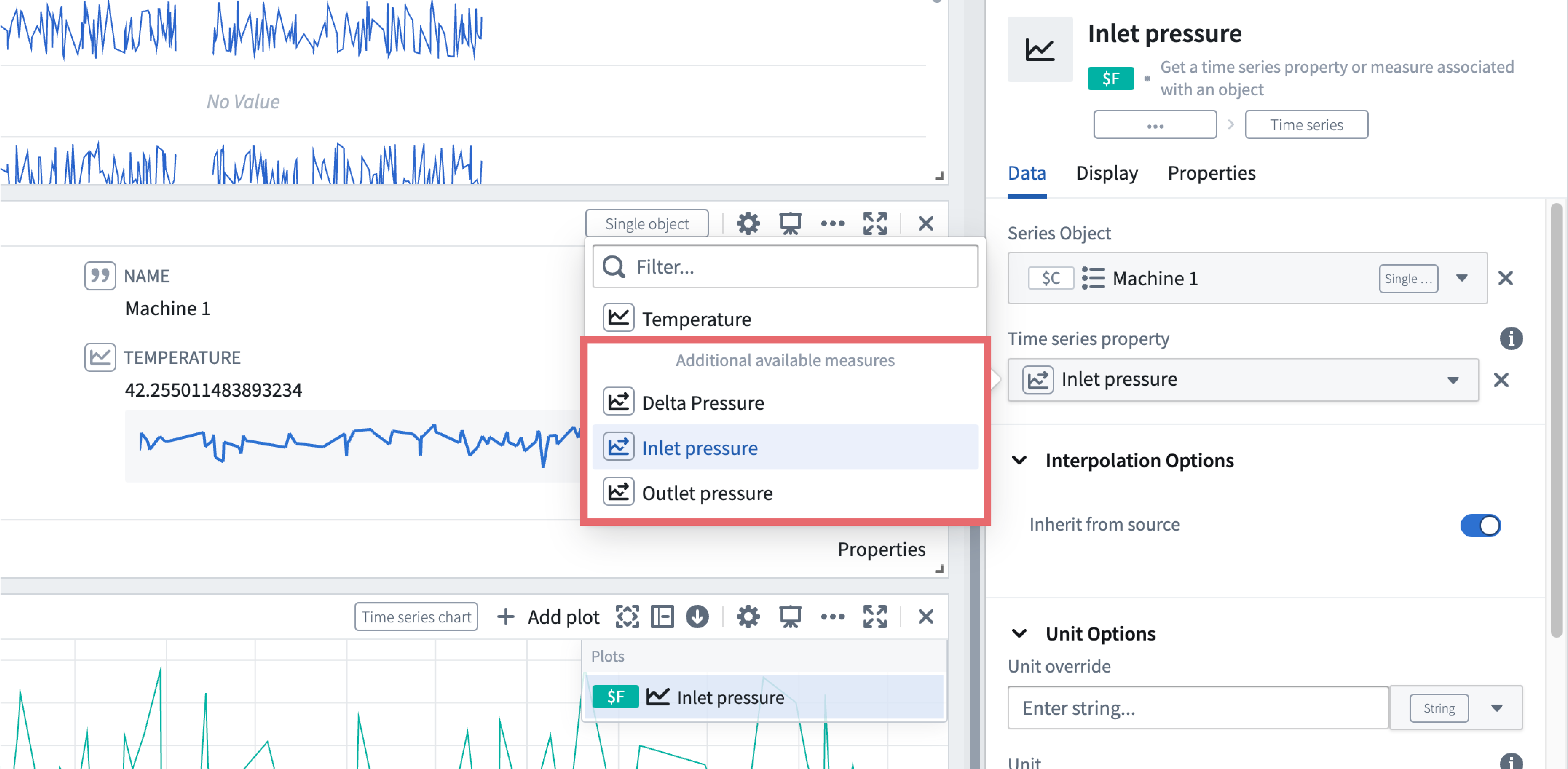 The Quiver "Object time series property" card dropdown menu, showing time series properties on both the root object and linked sensor objects.