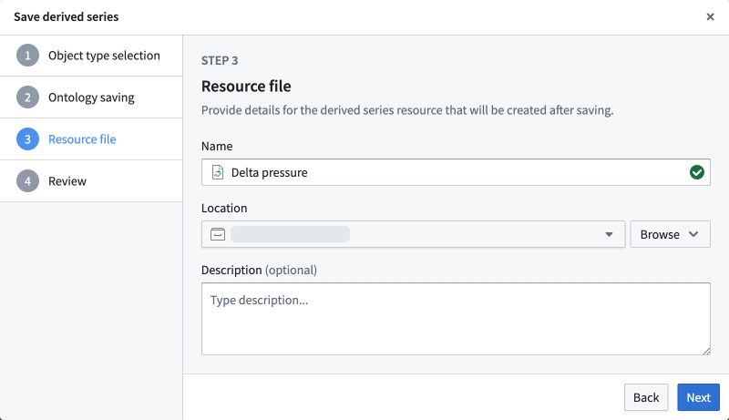 The "Resource" tab of the "Save derived series" dialog.