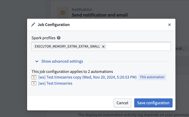 The "Job Configuration" editing pop-up.