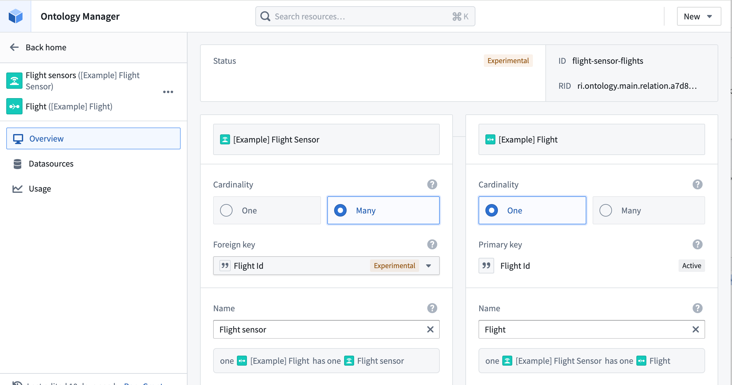 Create a link type between the Fight Sensor and Flight object types