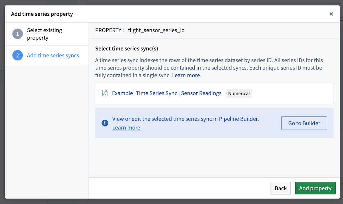 Select the time series sync to add properties to the sensor object type