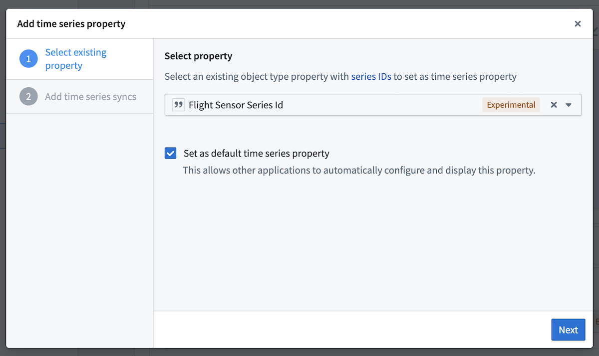 Select the time series property for the Flight Sensors object type