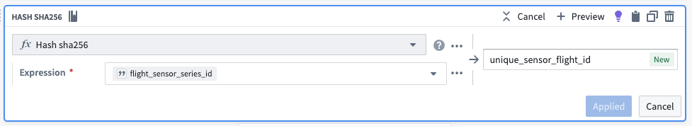 The hash sha256 transform board in Pipeline Builder, used to create a primary key from a series ID.