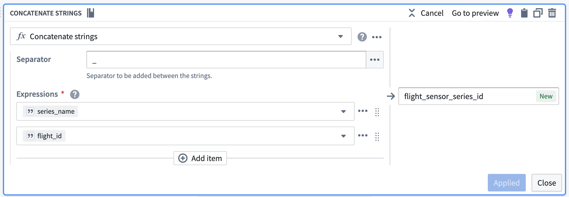 The concatenate strings transform board in Pipeline Builder