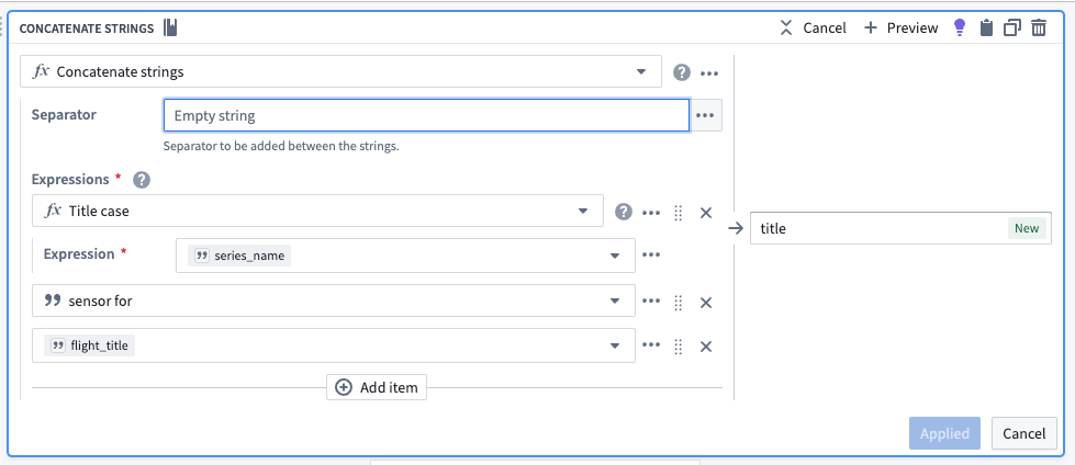 The concatenate strings transform board, used to create a new title for sensor objects.